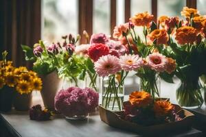 bloemen in vazen Aan een vensterbank. ai-gegenereerd foto