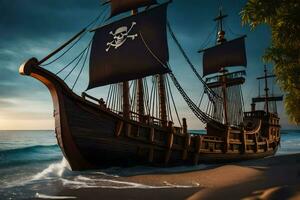 piraat schip Aan de strand Bij zonsondergang. ai-gegenereerd foto