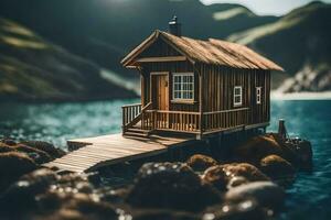 een klein houten huis Aan een dok door de water. ai-gegenereerd foto