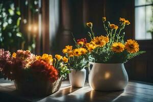 bloemen in vazen Aan een tafel. ai-gegenereerd foto