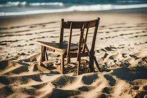 een stoel zit Aan de zand Bij de strand. ai-gegenereerd foto