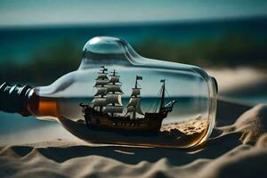 een schip in een fles Aan de strand. ai-gegenereerd foto