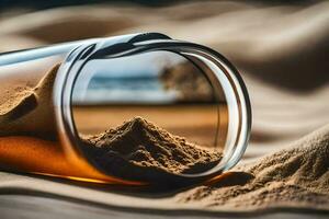 een fles van eiwit poeder Aan een strand. ai-gegenereerd foto