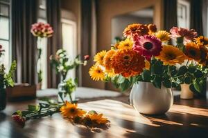 een vaas van bloemen Aan een tafel in voorkant van een venster. ai-gegenereerd foto