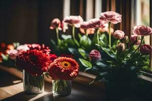 bloemen in vazen Aan een vensterbank. ai-gegenereerd foto