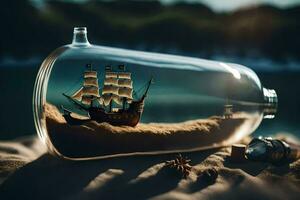 een schip in een fles Aan zand. ai-gegenereerd foto