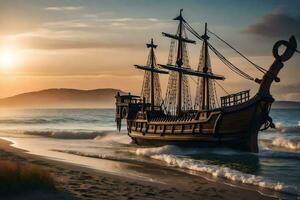 een houten schip Aan de strand Bij zonsondergang. ai-gegenereerd foto