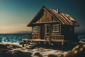 een miniatuur houten huis Aan de strand. ai-gegenereerd foto