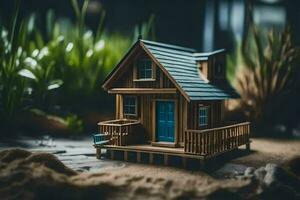 een miniatuur huis met een blauw deur Aan een houten dek. ai-gegenereerd foto