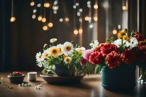 bloemen in vazen Aan een tafel met lichten. ai-gegenereerd foto