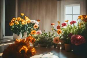 bloemen in vazen Aan een tafel in voorkant van een venster. ai-gegenereerd foto