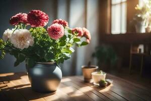 een vaas van bloemen Aan een tafel in voorkant van een venster. ai-gegenereerd foto