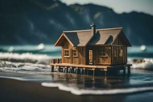 een miniatuur houten huis Aan de strand. ai-gegenereerd foto