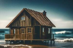 een klein houten huis Aan de strand. ai-gegenereerd foto