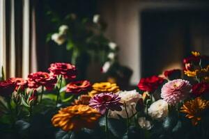 bloemen in een venster dorpel. ai-gegenereerd foto