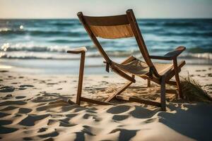 een houten stoel zit Aan de strand Bij zonsondergang. ai-gegenereerd foto