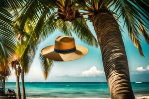 een hoed hangende van een palm boom Aan de strand. ai-gegenereerd foto