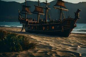 een piraat schip zit Aan de strand in de buurt de oceaan. ai-gegenereerd foto