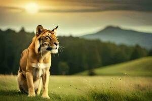 een tijger is zittend in de gras Bij zonsondergang. ai-gegenereerd foto