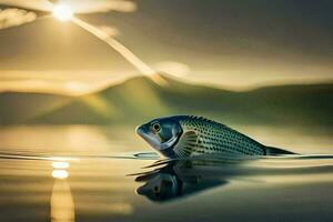 een vis zwemmen in de water Bij zonsondergang. ai-gegenereerd foto