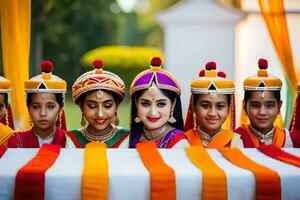 een groep van jong Indisch Dames in traditioneel kleding. ai-gegenereerd foto