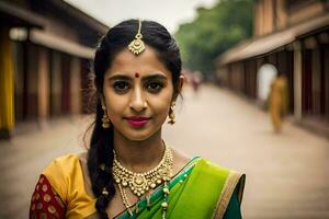 een jong Indisch vrouw in traditioneel kleding. ai-gegenereerd foto