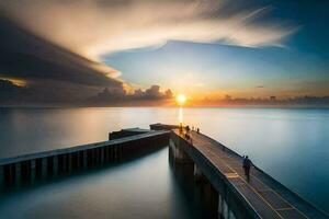 de zon sets over- de oceaan en een pier. ai-gegenereerd foto