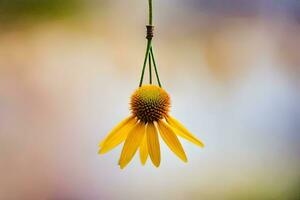 een geel bloem blijft hangen van een snaar. ai-gegenereerd foto