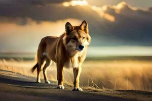 een hond is staand Aan de weg in voorkant van een zonsondergang. ai-gegenereerd foto