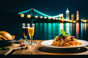 spaghetti en brood Aan de tafel. ai-gegenereerd foto