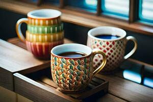 twee koffie cups Aan een dienblad. ai-gegenereerd foto