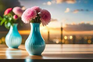 twee vazen met roze bloemen Aan een tafel in voorkant van een stad horizon. ai-gegenereerd foto