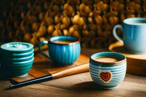 koffie cups en een houten lepel Aan een tafel. ai-gegenereerd foto