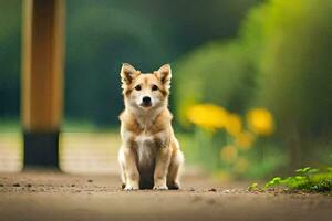 een klein hond zittend Aan de grond in voorkant van een houten schutting. ai-gegenereerd foto