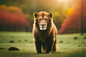 een leeuw staand in de midden- van een veld. ai-gegenereerd foto