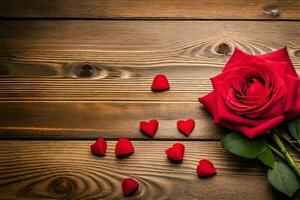 rood rozen Aan een houten tafel. ai-gegenereerd foto