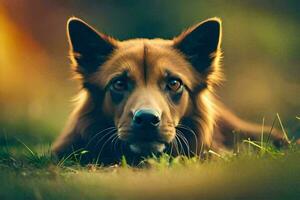 een bruin hond houdende in de gras. ai-gegenereerd foto