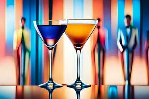 twee bril van gekleurde drankjes zijn getoond in voorkant van een wazig achtergrond. ai-gegenereerd foto
