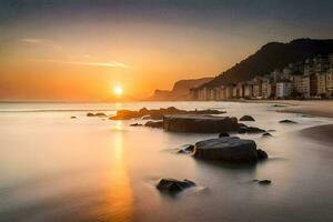 de zon sets over- de strand in rio. ai-gegenereerd foto