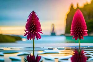 twee roze bloemen zijn weerspiegeld in water. ai-gegenereerd foto