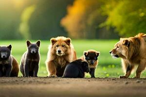 een groep van leeuwen en hun welpen zijn staand samen. ai-gegenereerd foto