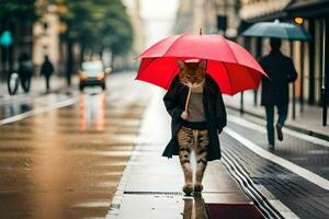 een kat wandelen naar beneden een straat met een paraplu. ai-gegenereerd foto
