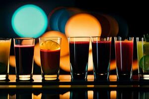 een rij van bril met verschillend gekleurde drankjes. ai-gegenereerd foto