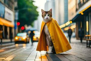 een kat vervelend een geel kaap Aan een stad straat. ai-gegenereerd foto