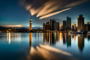 de stad horizon Bij nacht met een reflectie in de water. ai-gegenereerd foto