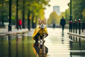 een kat in een geel regenjas wandelen Aan een nat straat. ai-gegenereerd foto