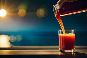 een persoon giet oranje sap in een glas. ai-gegenereerd foto