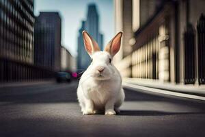 een wit konijn is zittend Aan de straat in voorkant van hoog gebouwen. ai-gegenereerd foto