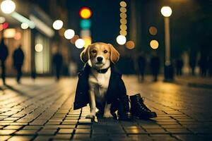 een hond in een zwart jasje en laarzen Aan de straat. ai-gegenereerd foto