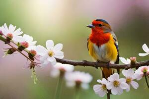 foto behang de lucht, bloemen, vogels, lente, de vogel, voorjaar bloemen, vogels,. ai-gegenereerd